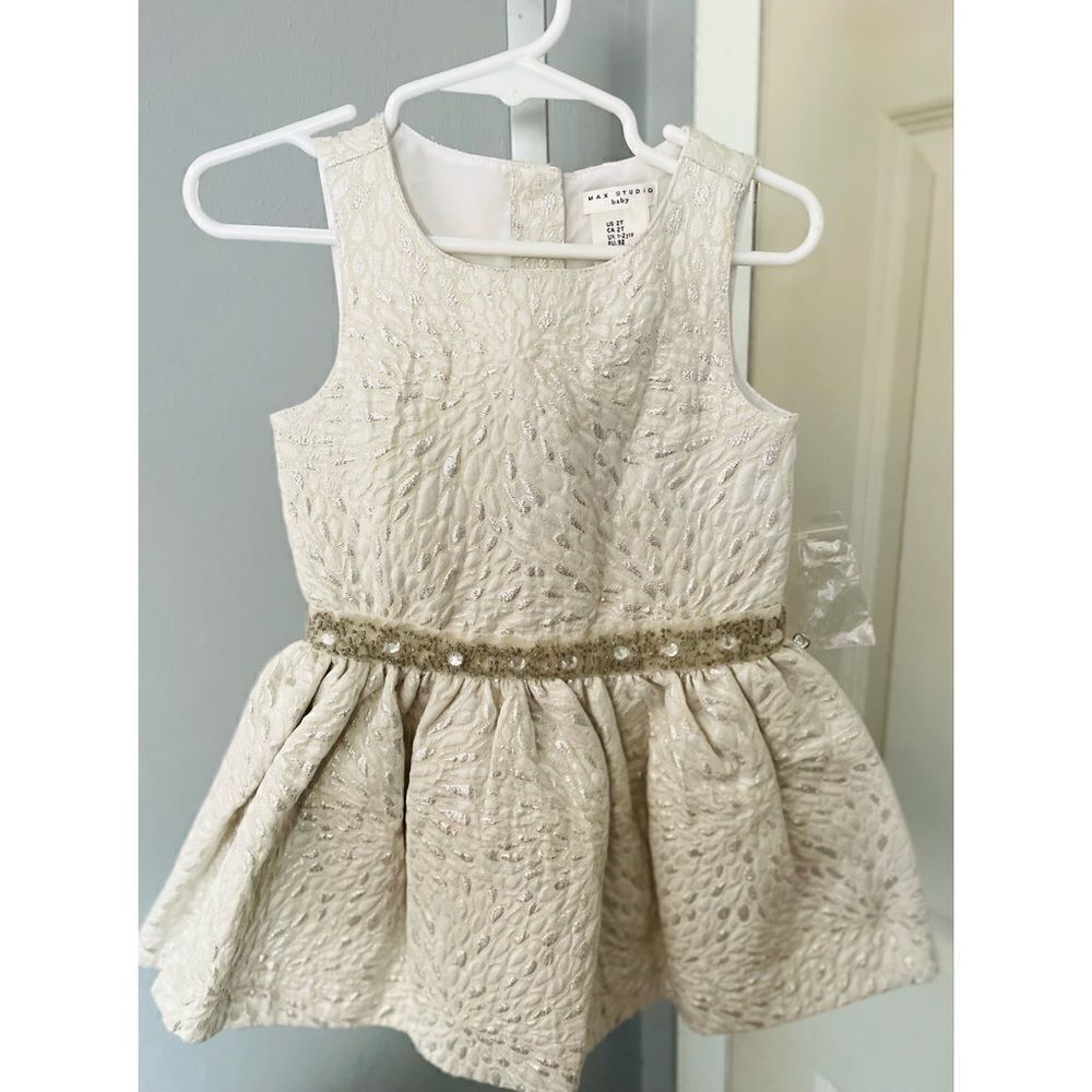 Max Studio cream gold pattern pearl gem waistline dress sz 2T New with Tags